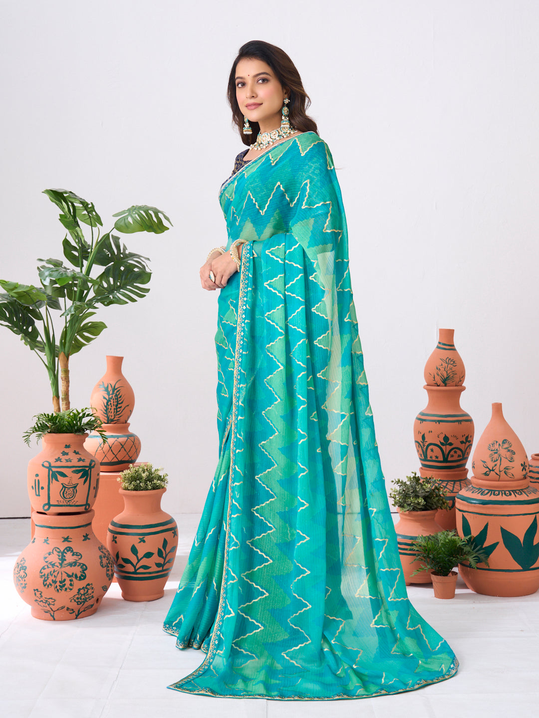 Laxmipati Ishita Teal Blue Chevron Printed Chiffon Saree