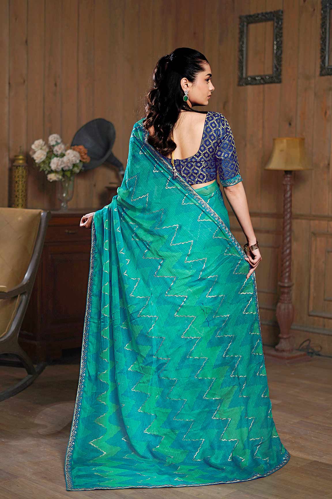 Laxmipati Ishita Teal Blue Chevron Printed Chiffon Saree