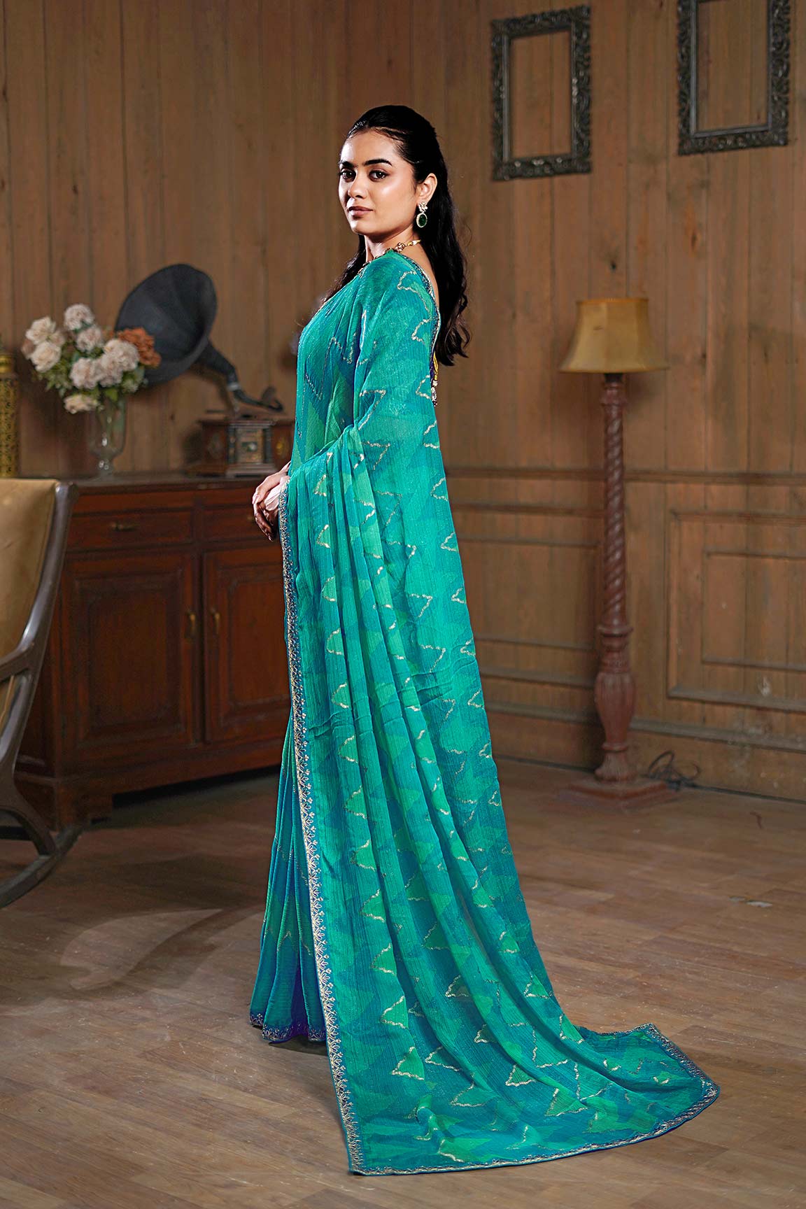Laxmipati Ishita Teal Blue Chevron Printed Chiffon Saree