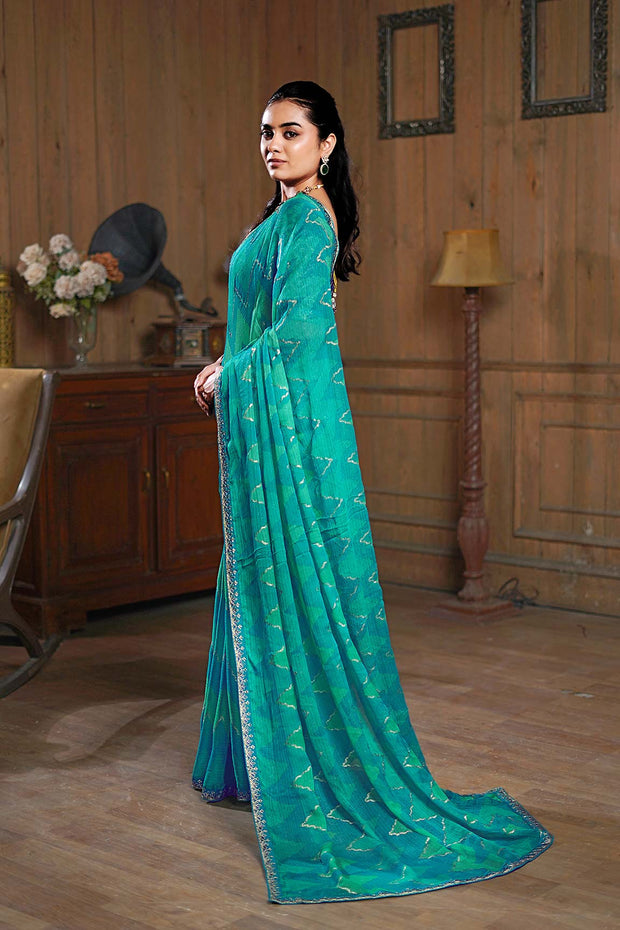 Laxmipati Ishita Teal Blue Chevron Printed Chiffon Saree