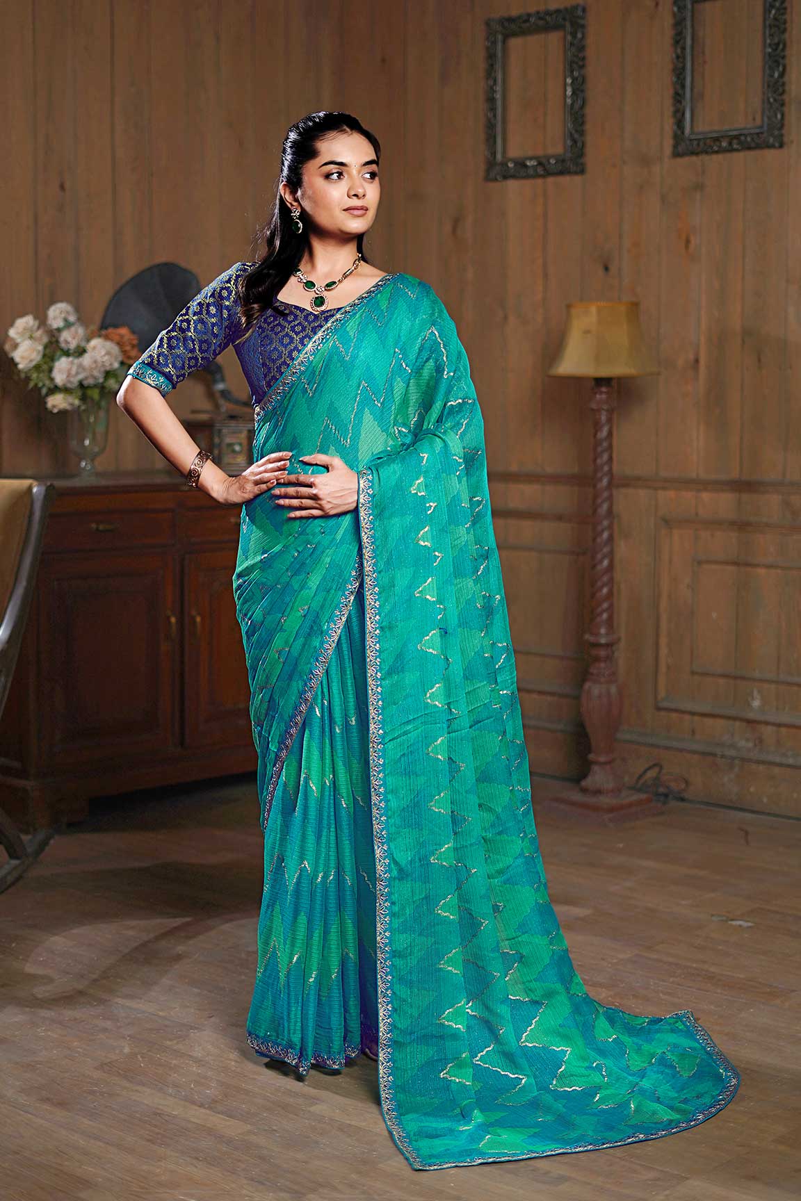 Laxmipati Ishita Teal Blue Chevron Printed Chiffon Saree