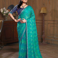 Laxmipati Ishita Teal Blue Chevron Printed Chiffon Saree