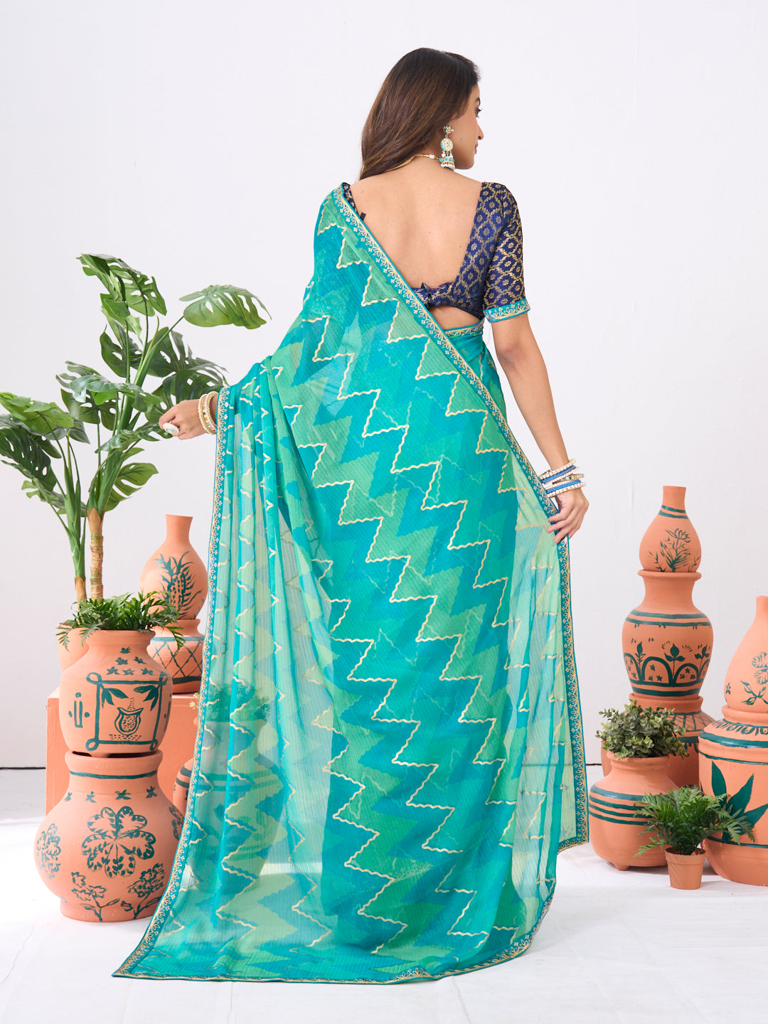 Laxmipati Ishita Teal Blue Chevron Printed Chiffon Saree