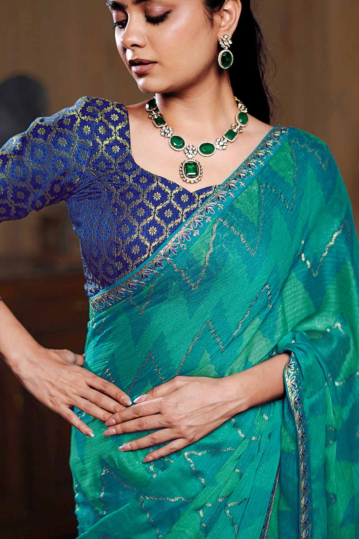 Laxmipati Ishita Teal Blue Chevron Printed Chiffon Saree