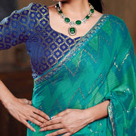 Laxmipati Ishita Teal Blue Chevron Printed Chiffon Saree
