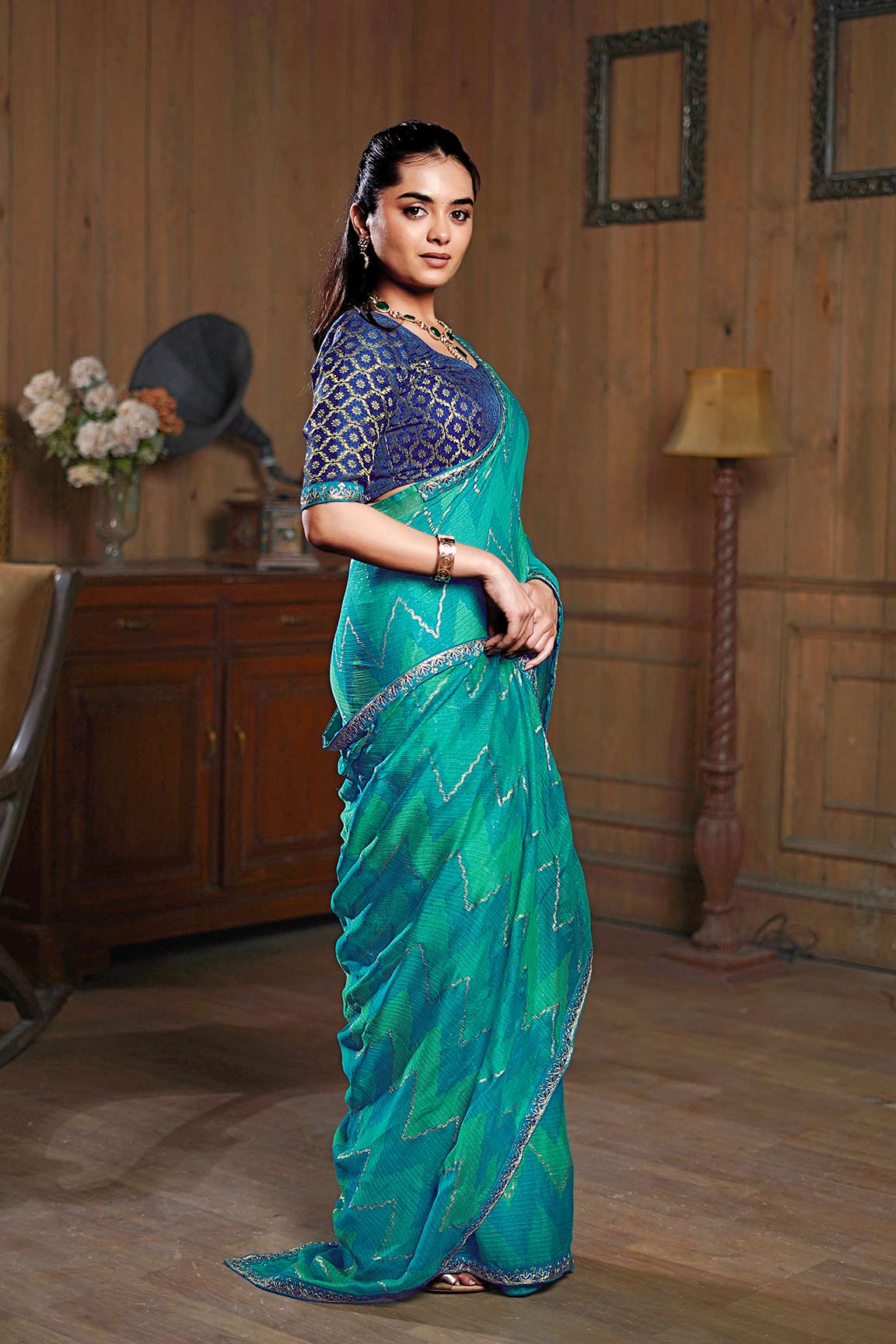 Laxmipati Ishita Teal Blue Chevron Printed Chiffon Saree