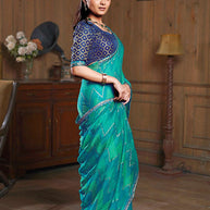 Laxmipati Ishita Teal Blue Chevron Printed Chiffon Saree