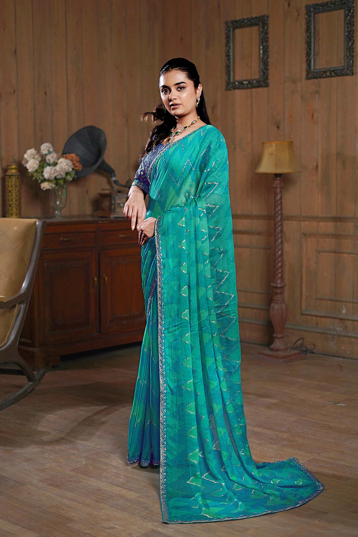 Laxmipati Ishita Teal Blue Chevron Printed Chiffon Saree