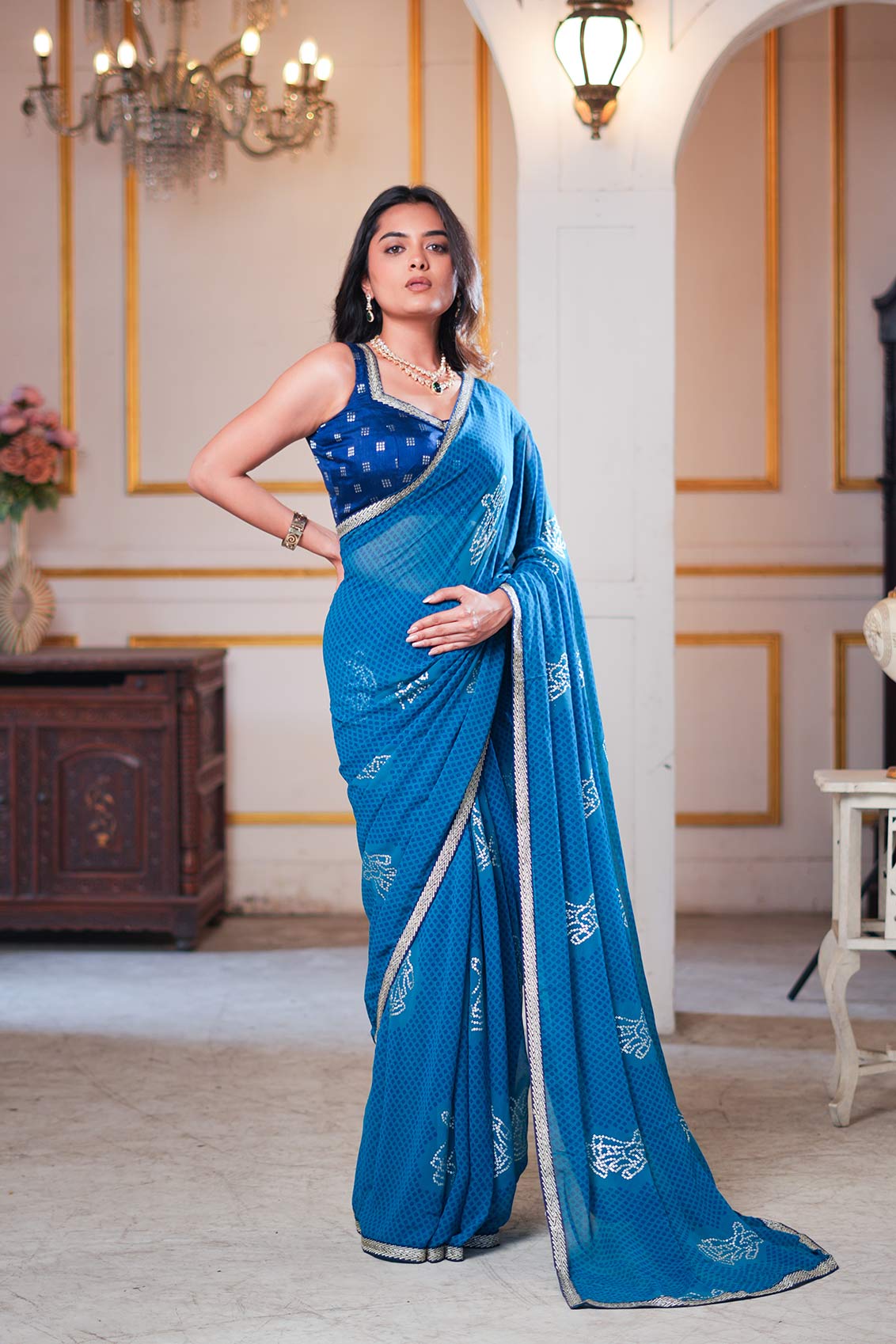 Laxmipati Ishita Blue Geometric Printed Georgette Saree