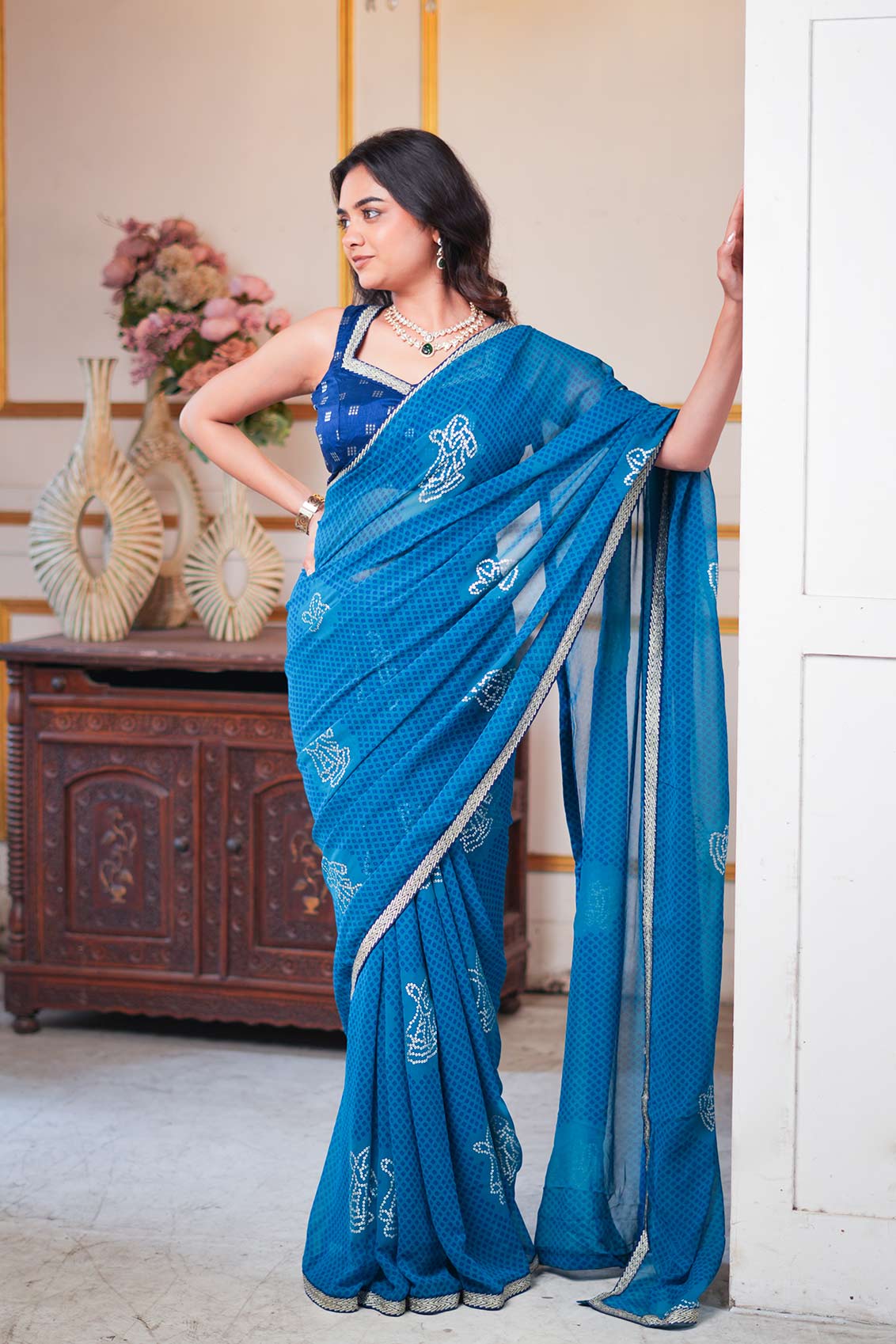 Laxmipati Ishita Blue Geometric Printed Georgette Saree