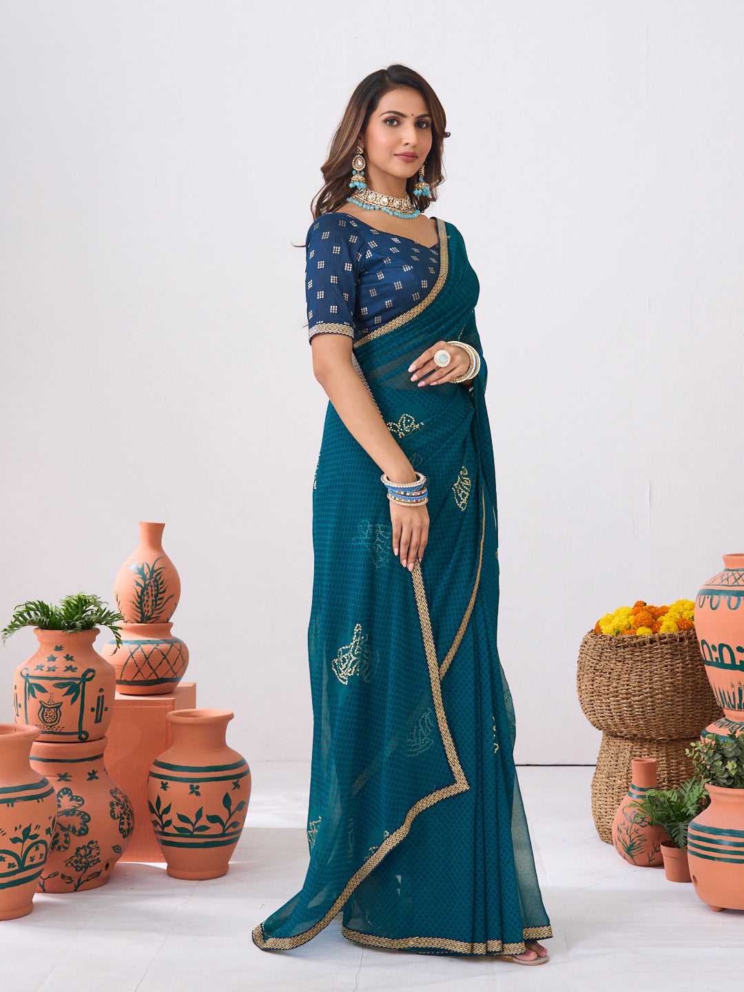 Laxmipati Ishita Blue Geometric Printed Georgette Saree