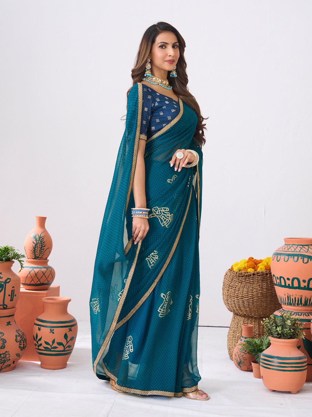 Laxmipati Ishita Blue Geometric Printed Georgette Saree