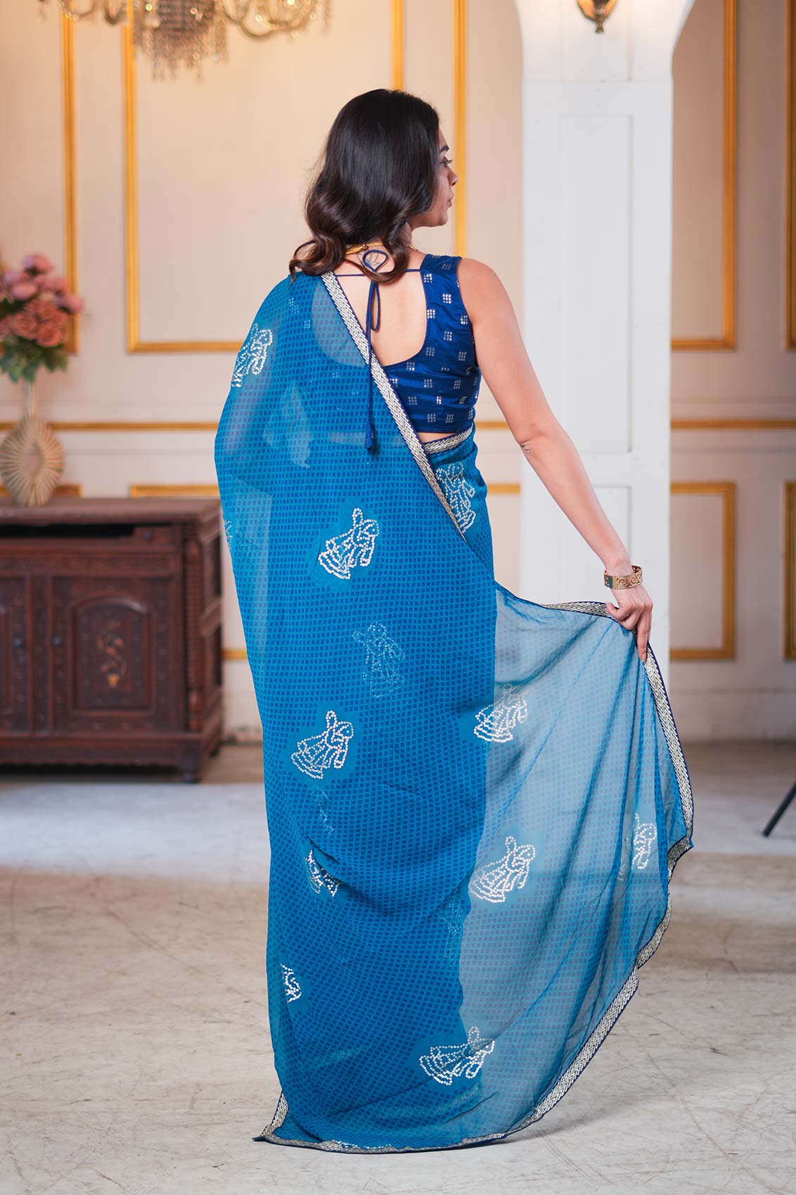 Laxmipati Ishita Blue Geometric Printed Georgette Saree