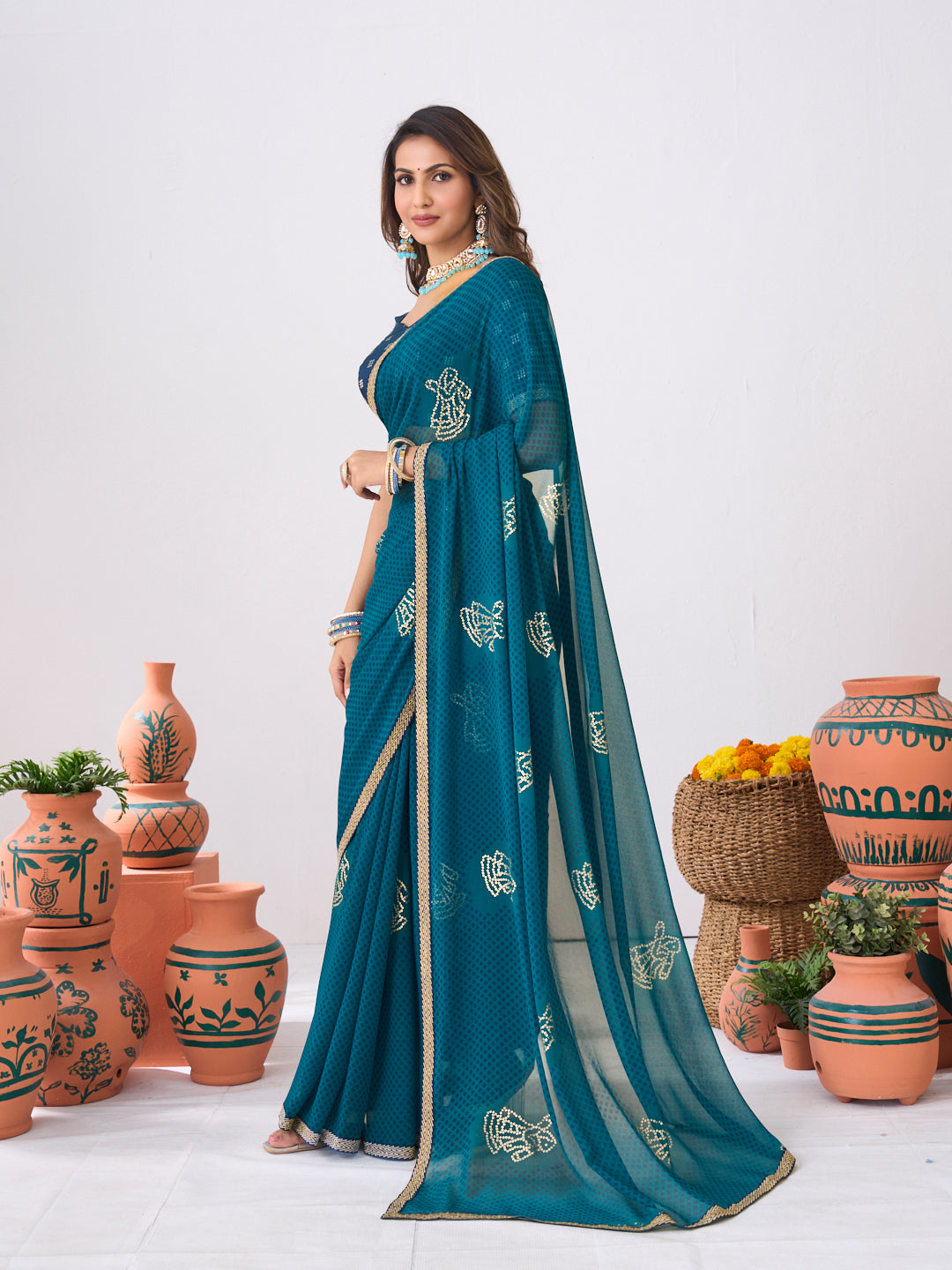 Laxmipati Ishita Blue Geometric Printed Georgette Saree