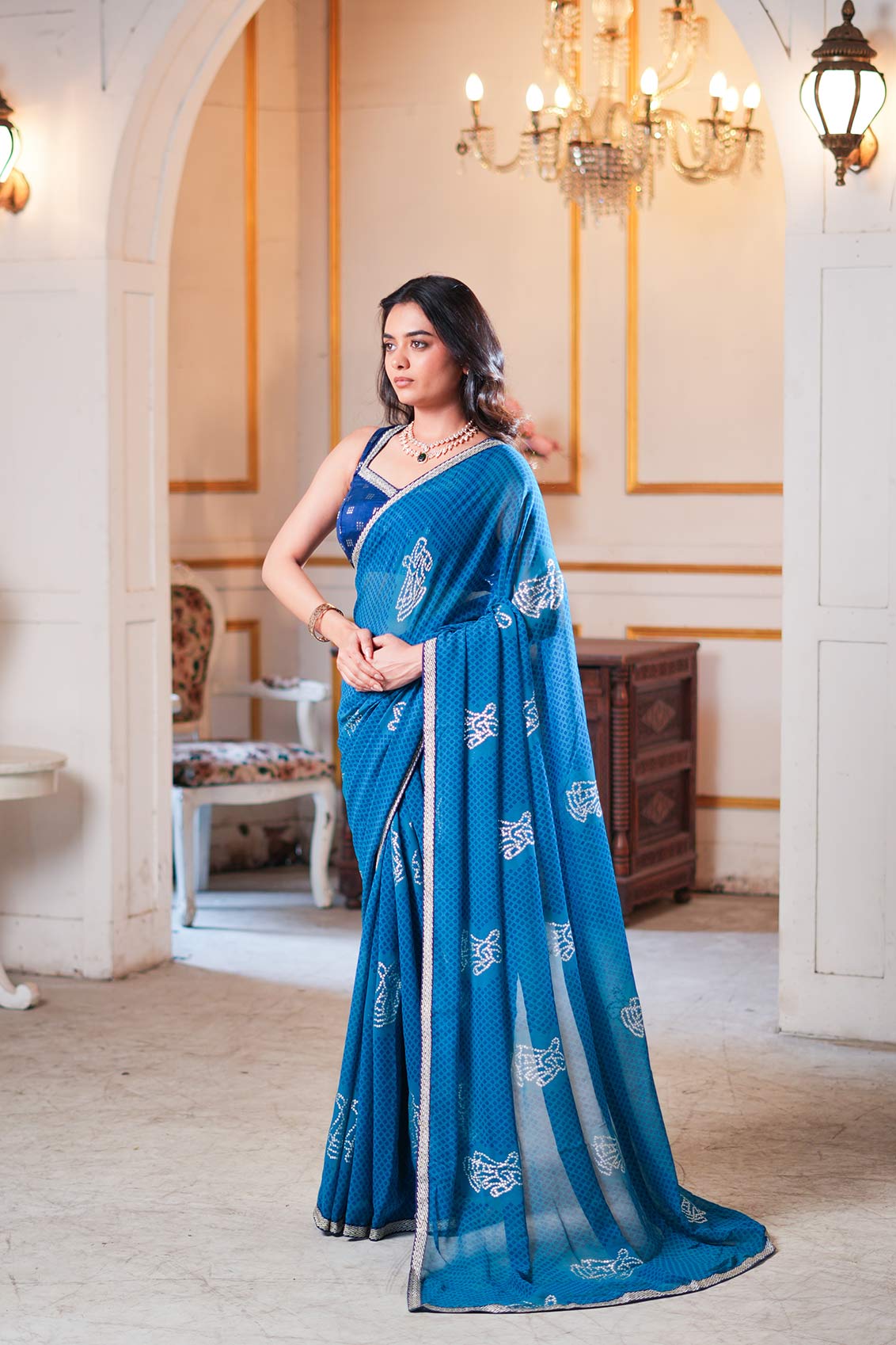 Laxmipati Ishita Blue Geometric Printed Georgette Saree