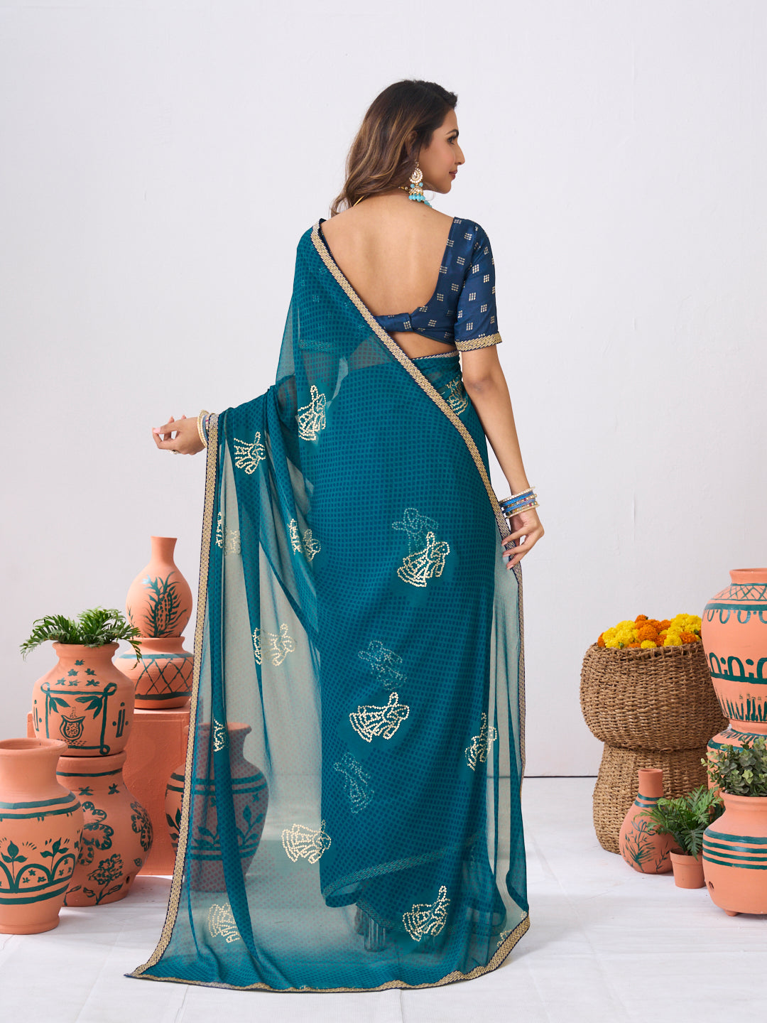 Laxmipati Ishita Blue Geometric Printed Georgette Saree