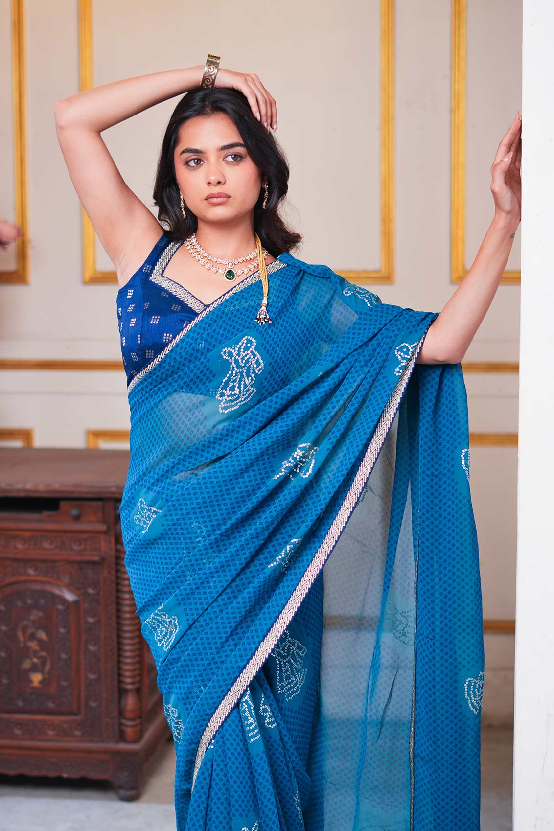 Laxmipati Ishita Blue Geometric Printed Georgette Saree
