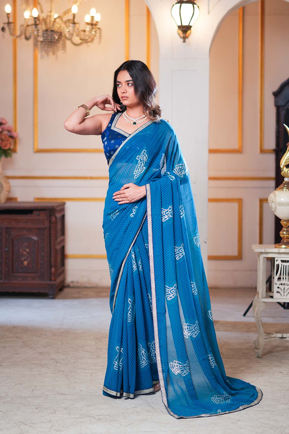 Laxmipati Ishita Blue Geometric Printed Georgette Saree
