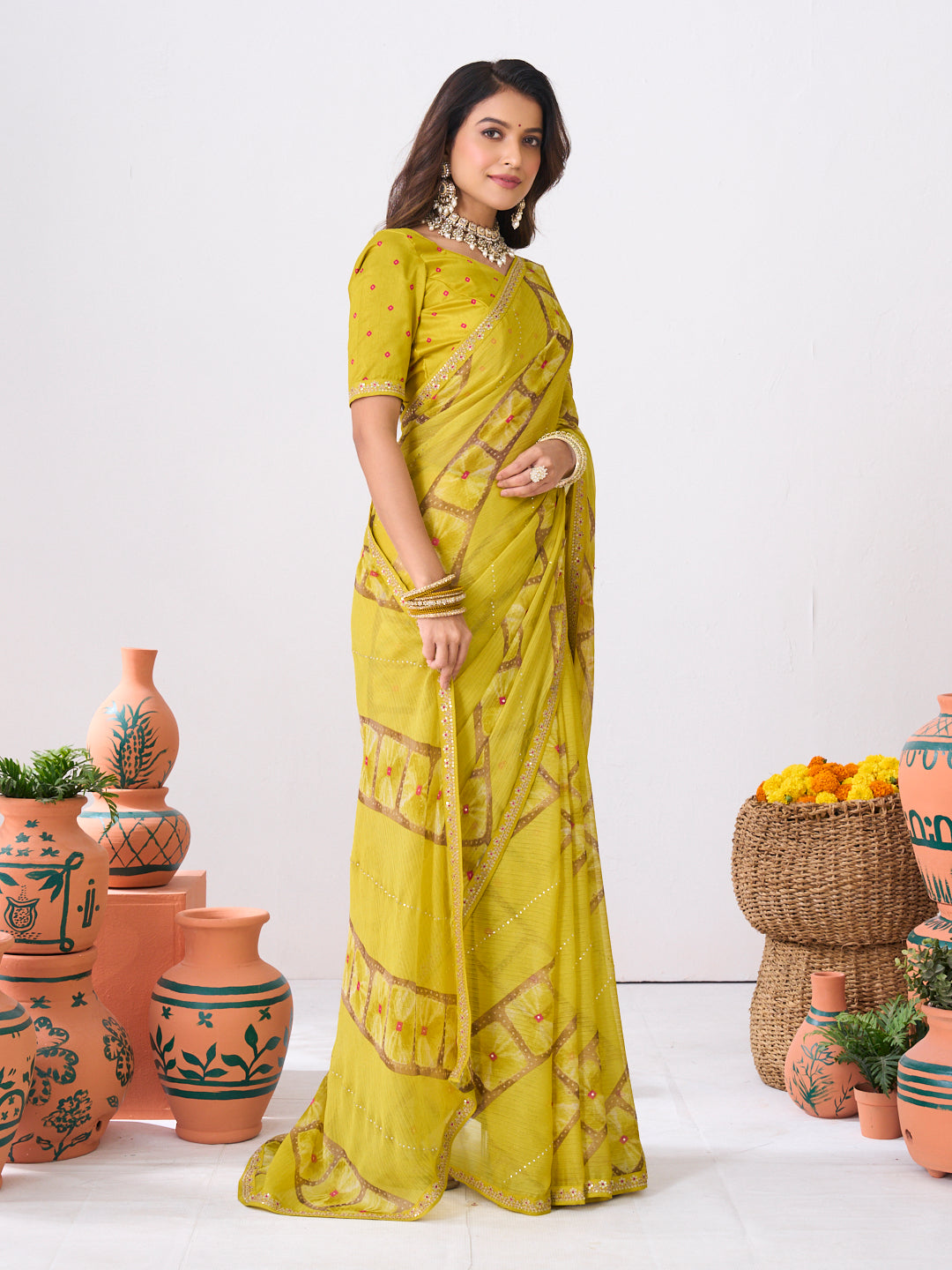 Laxmipati Ishita Yellow Geometric Printed Silk Saree