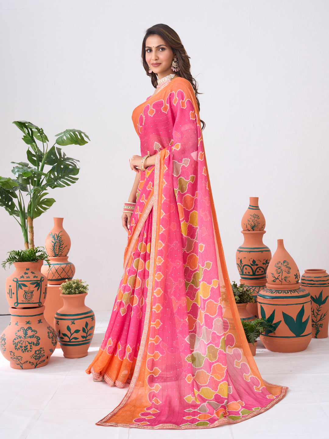 Laxmipati Ishita Pink Geometric Printed Chiffon Saree