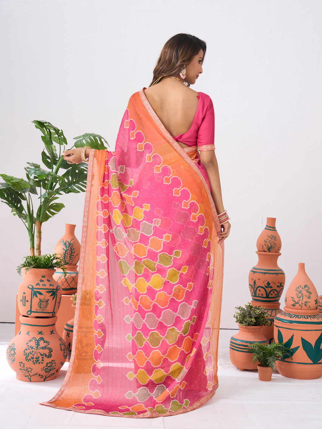 Laxmipati Ishita Pink Geometric Printed Chiffon Saree