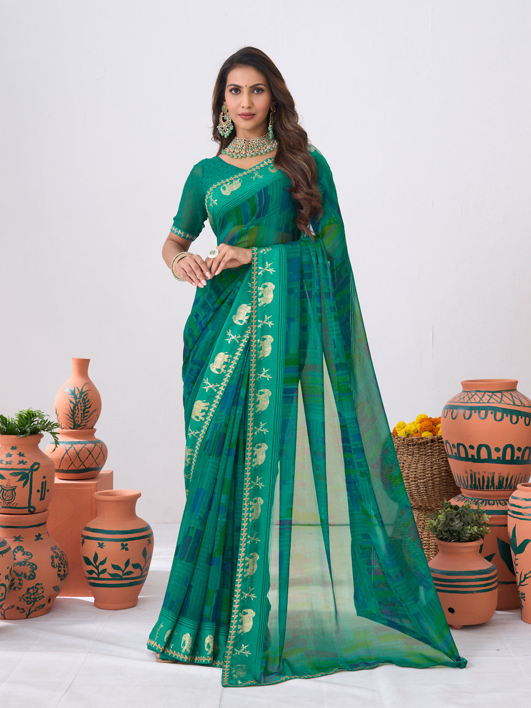 Laxmipati Ishita Teal Blue Geometric  Printed Georgette Saree