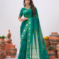 Laxmipati Ishita Teal Blue Geometric  Printed Georgette Saree
