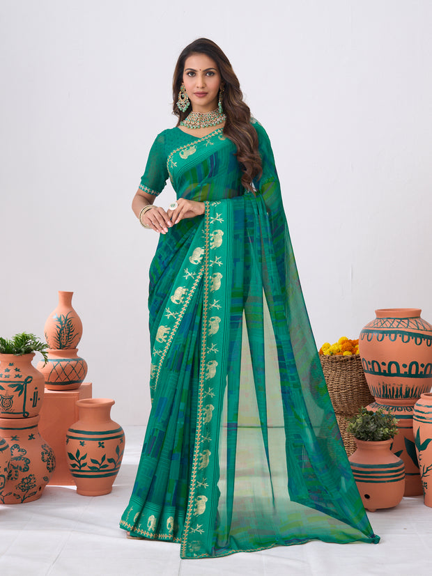 Laxmipati Ishita Teal Blue Geometric  Printed Georgette Saree