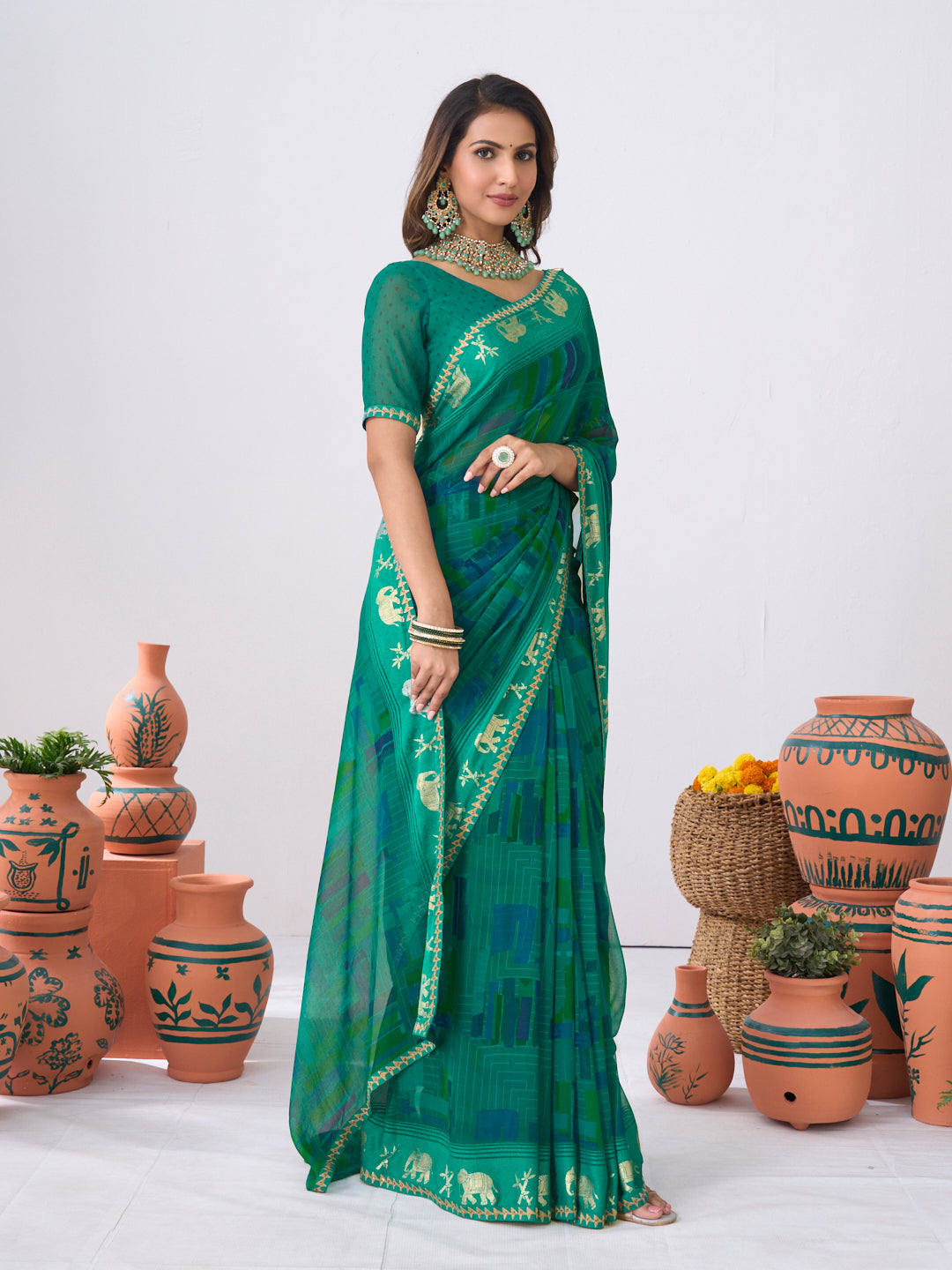 Laxmipati Ishita Teal Blue Geometric  Printed Georgette Saree