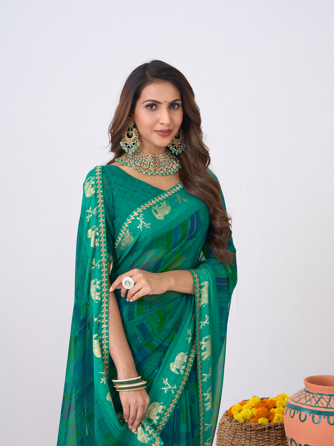 Laxmipati Ishita Teal Blue Geometric  Printed Georgette Saree