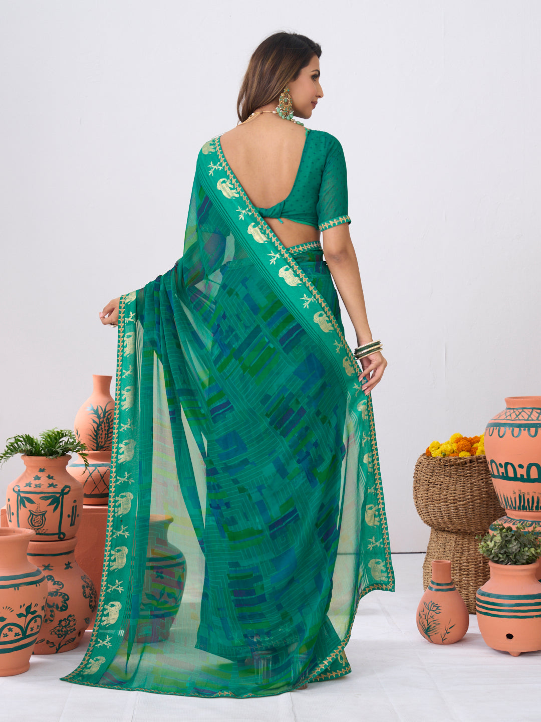 Laxmipati Ishita Teal Blue Geometric  Printed Georgette Saree