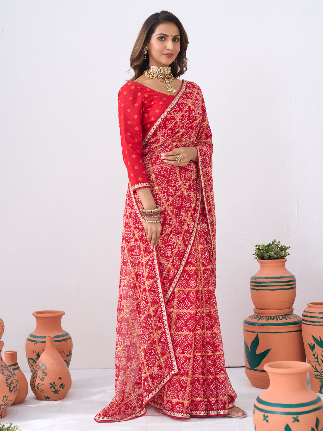 Laxmipati Ishita Red Floral Printed Chiffon Saree
