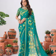 Laxmipati Ishita Teal Blue Geometric Printed Chiffon Saree