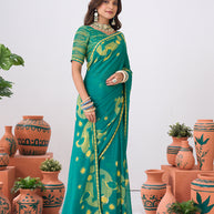Laxmipati Ishita Teal Blue Geometric Printed Chiffon Saree