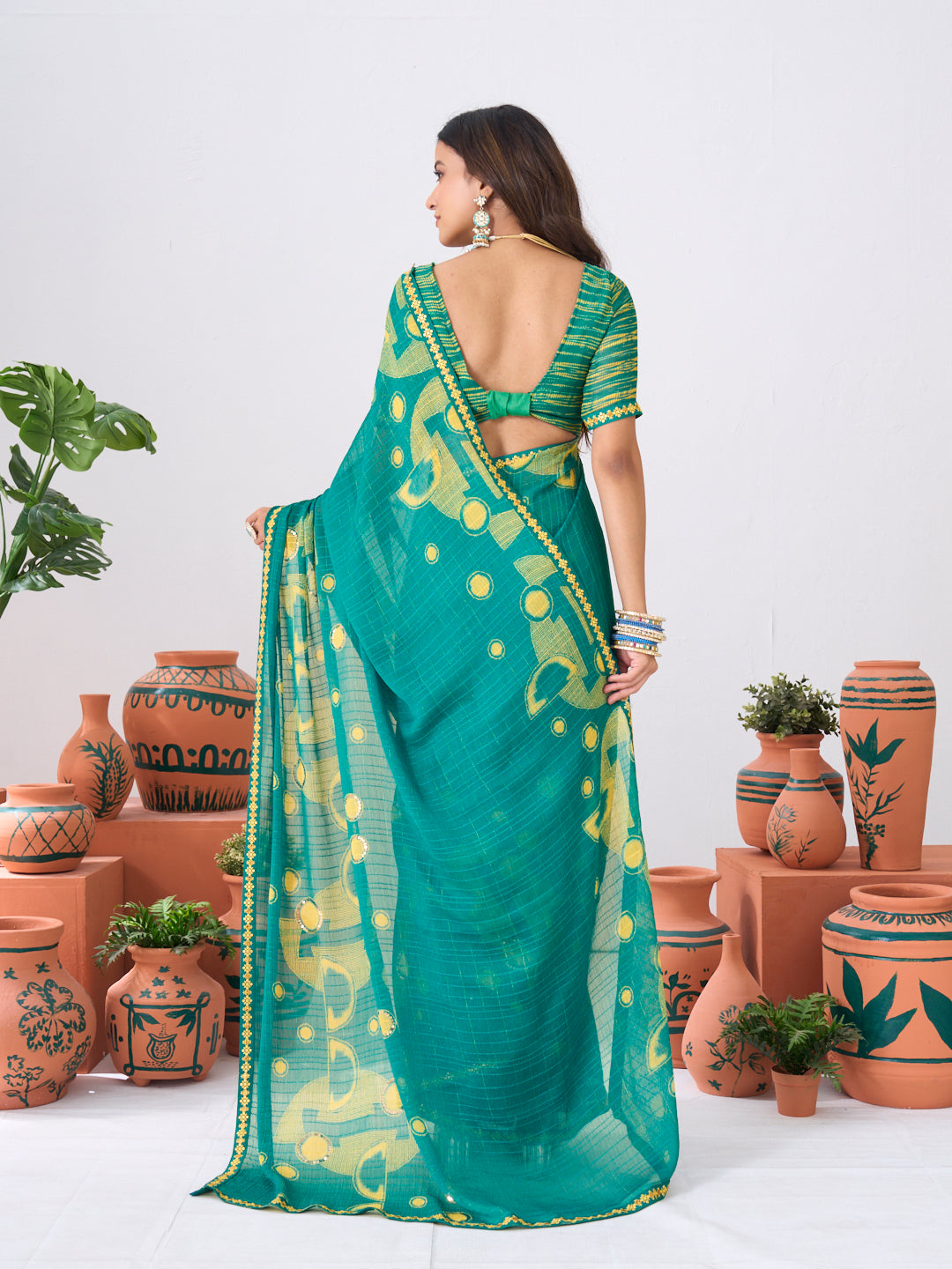 Laxmipati Ishita Teal Blue Geometric Printed Chiffon Saree