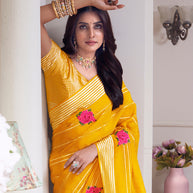 Laxmipati Totapuri Yellow Chiffon Floral Embroidered Saree