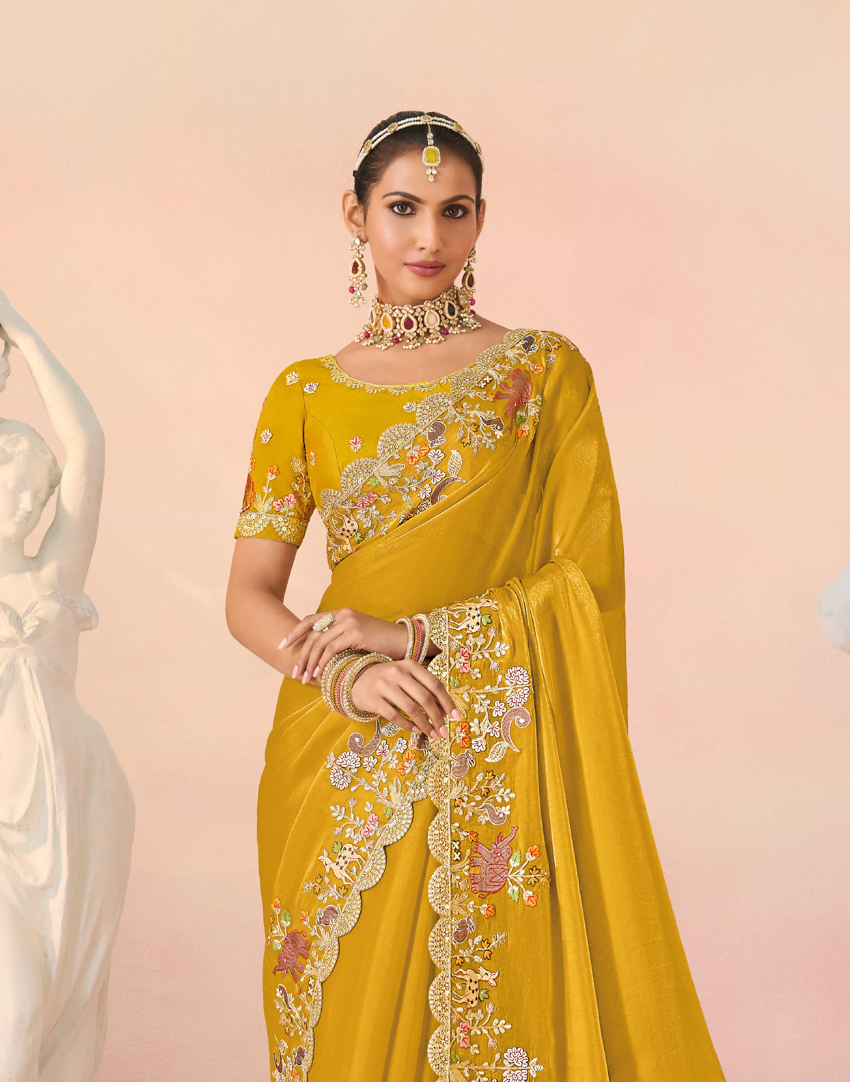 Laxmipati Kesaar Bhog Tissue Organza Floral Embroidered Saree in Mustard Color