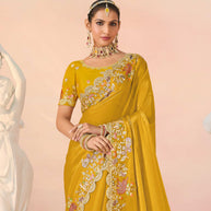 Laxmipati Kesaar Bhog Tissue Organza Floral Embroidered Saree in Mustard Color