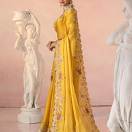 Laxmipati Kesaar Bhog Tissue Organza Floral Embroidered Saree in Mustard Color
