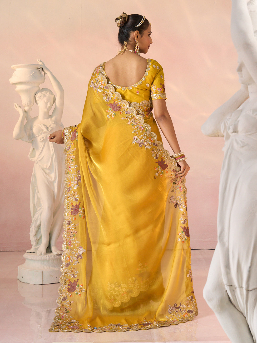 Laxmipati Kesaar Bhog Tissue Organza Floral Embroidered Saree in Mustard Color