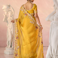 Laxmipati Kesaar Bhog Tissue Organza Floral Embroidered Saree in Mustard Color