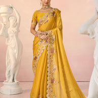 Laxmipati Kesaar Bhog Tissue Organza Floral Embroidered Saree in Mustard Color