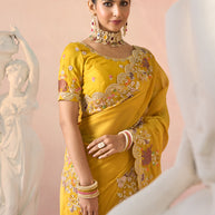 Laxmipati Kesaar Bhog Tissue Organza Floral Embroidered Saree in Mustard Color