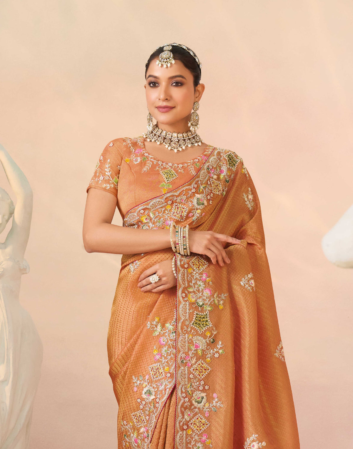 Laxmipati Kesaar Bhog Silk Floral Embroidered Saree in Orange Color