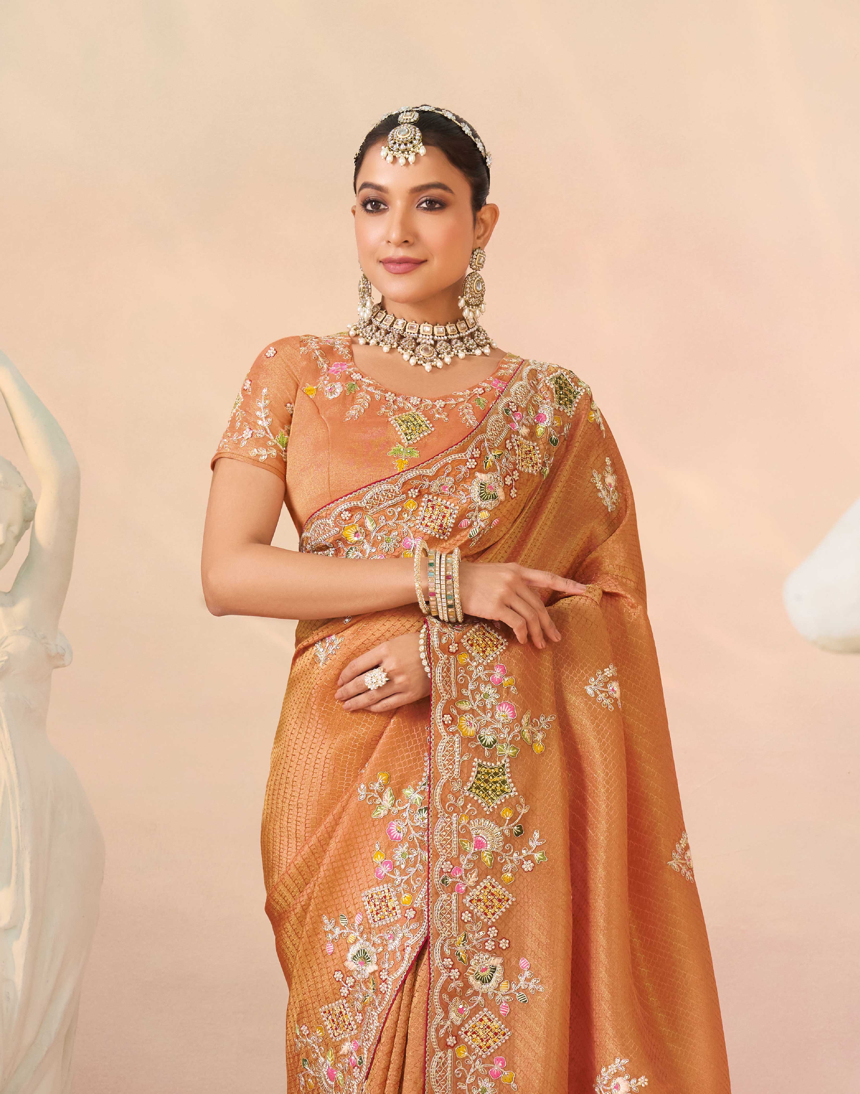 Laxmipati Kesaar Bhog Silk Floral Embroidered Saree in Orange Color