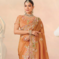 Laxmipati Kesaar Bhog Silk Floral Embroidered Saree in Orange Color