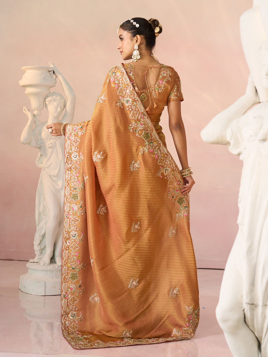 Laxmipati Kesaar Bhog Silk Floral Embroidered Saree in Orange Color