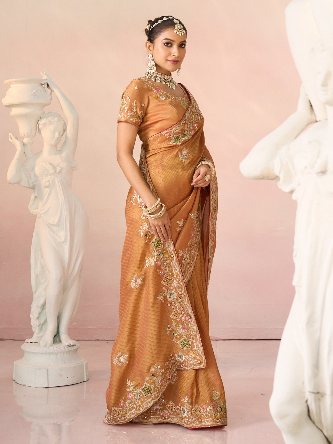 Laxmipati Kesaar Bhog Silk Floral Embroidered Saree in Orange Color