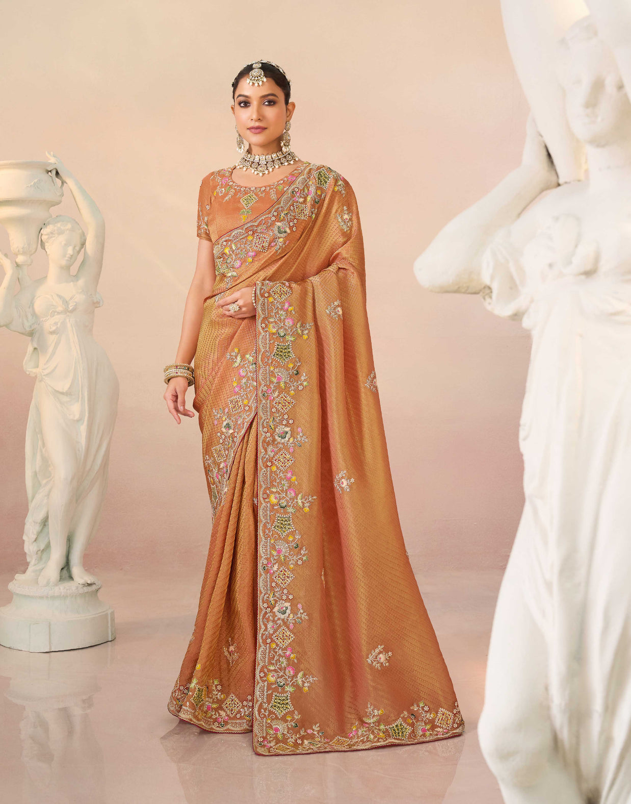 Laxmipati Kesaar Bhog Silk Floral Embroidered Saree in Orange Color