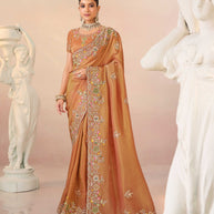 Laxmipati Kesaar Bhog Silk Floral Embroidered Saree in Orange Color